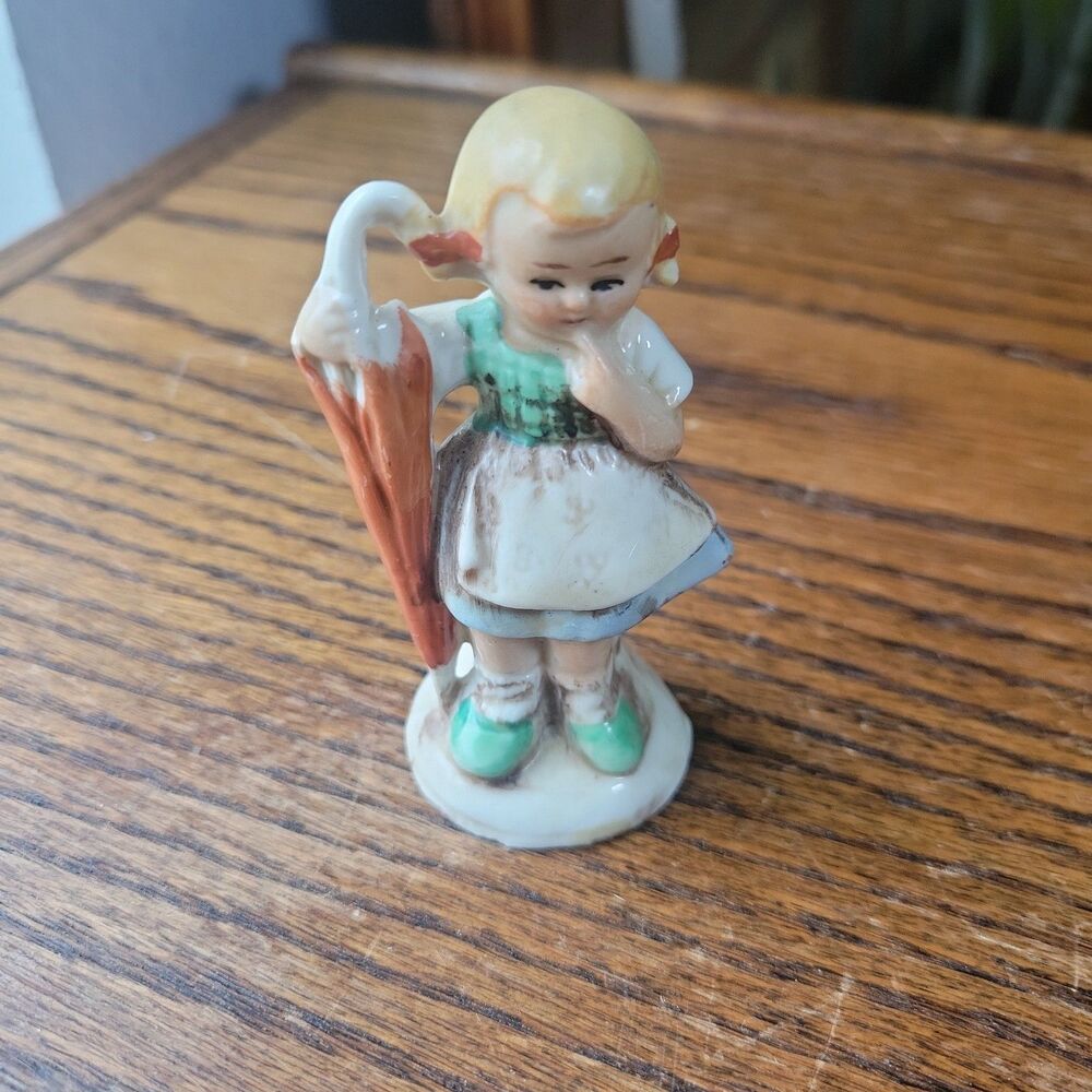 Vtg German Ceramic Figurine 1950's Young Girl Holding Umbrella